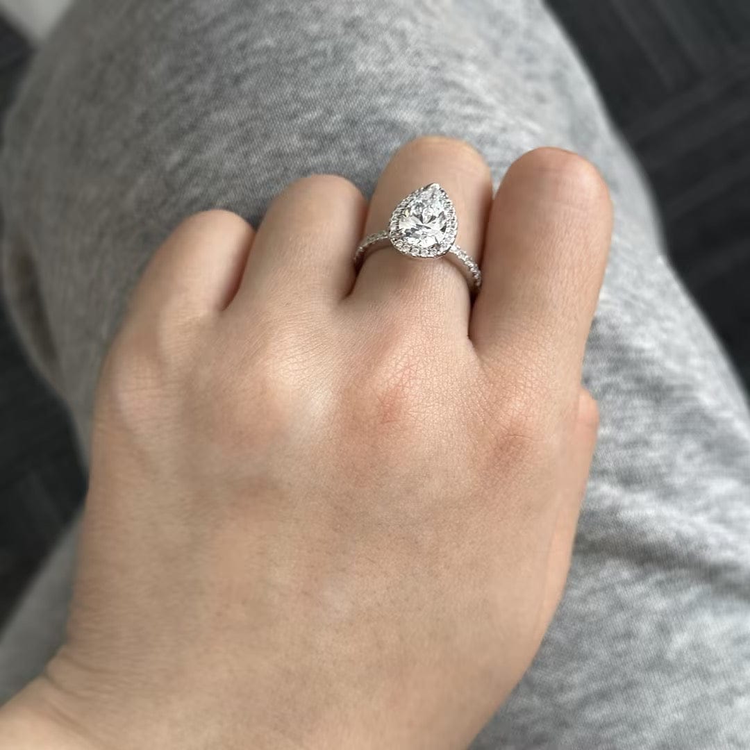 Customer photo review of S925 Moissanite 2.5 Carat Halo Pear Cut Engagement Ring
