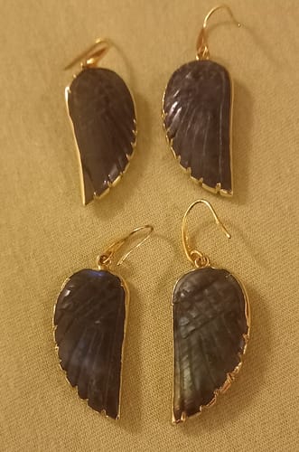 Customer photo review of Natural Labradorite Angel Wings Earrings