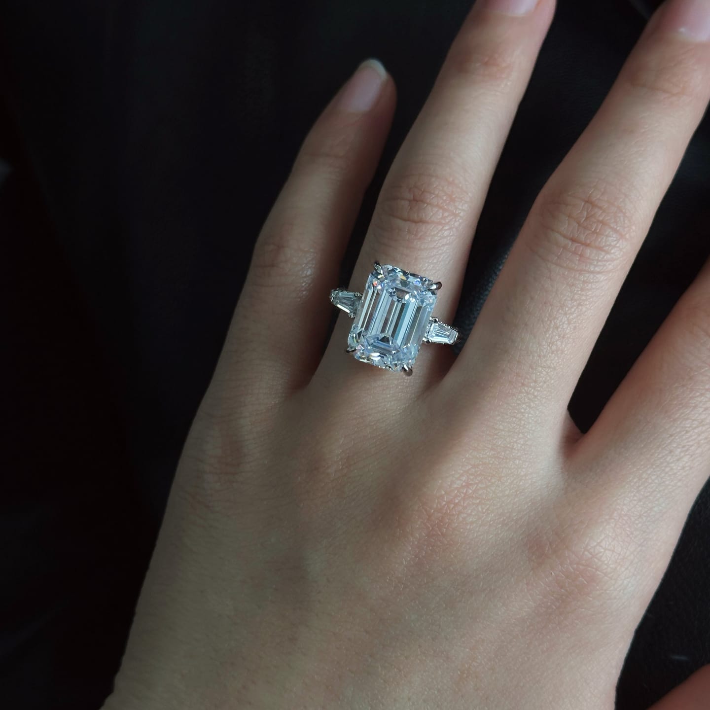 Customer photo review of Louily Unique Emerald Cut Three Stone Engagement Ring In Sterling Silver