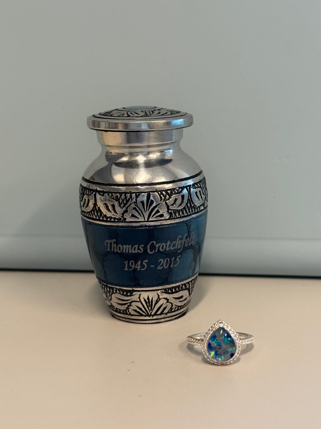 Customer photo review of Bedazzled Pear Opal Ring with Cremation Ashes