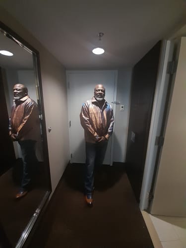 Customer photo review of Luxury Shiny Brown Paisley Silk Men's Casual Business Long Sleeve Shirt