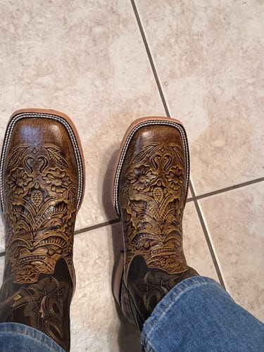 Customer photo review of Honey Hand-Tooled Leather Boots — Square Toe
