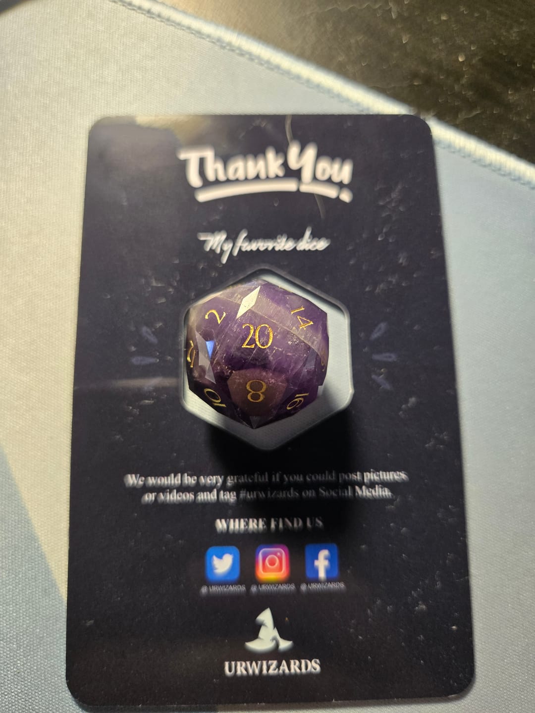 Customer photo review of URWizards D&D Multi-faceted Gemstone Engraved Dice Set