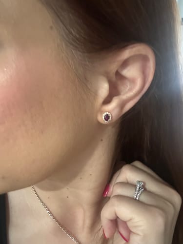 Customer photo review of Bluebird Rhodolite Garnet & 0.25ct TW Diamond Earrings in 9ct Yellow Gold