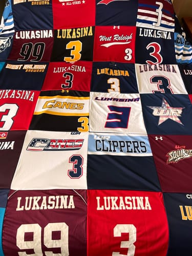 T-shirt quilt with sports themes by Victoria from NC