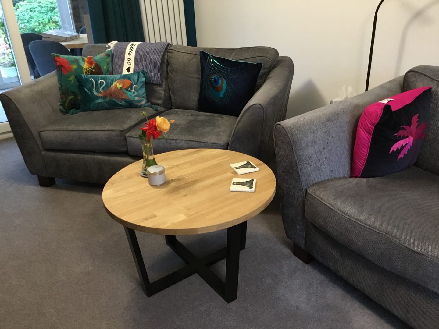 Customer photo review of Landon Round Oak Metal Coffee Table