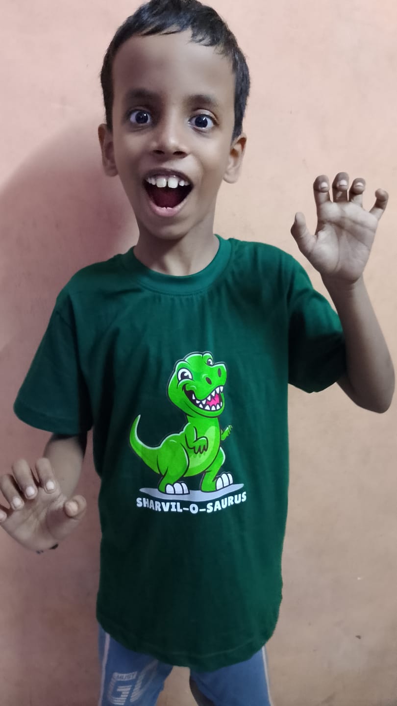 Customer photo review of Dino-O-Saurus With Custom Kids Name Tee