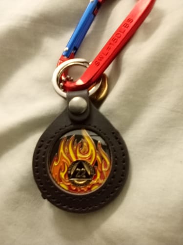 Customer photo review of 1 to 40 Year Sobriety Mint Twisted Flames Gold Plated AA Recovery Medallion/Chip/Coin - Black/Red/Orange/Yellow