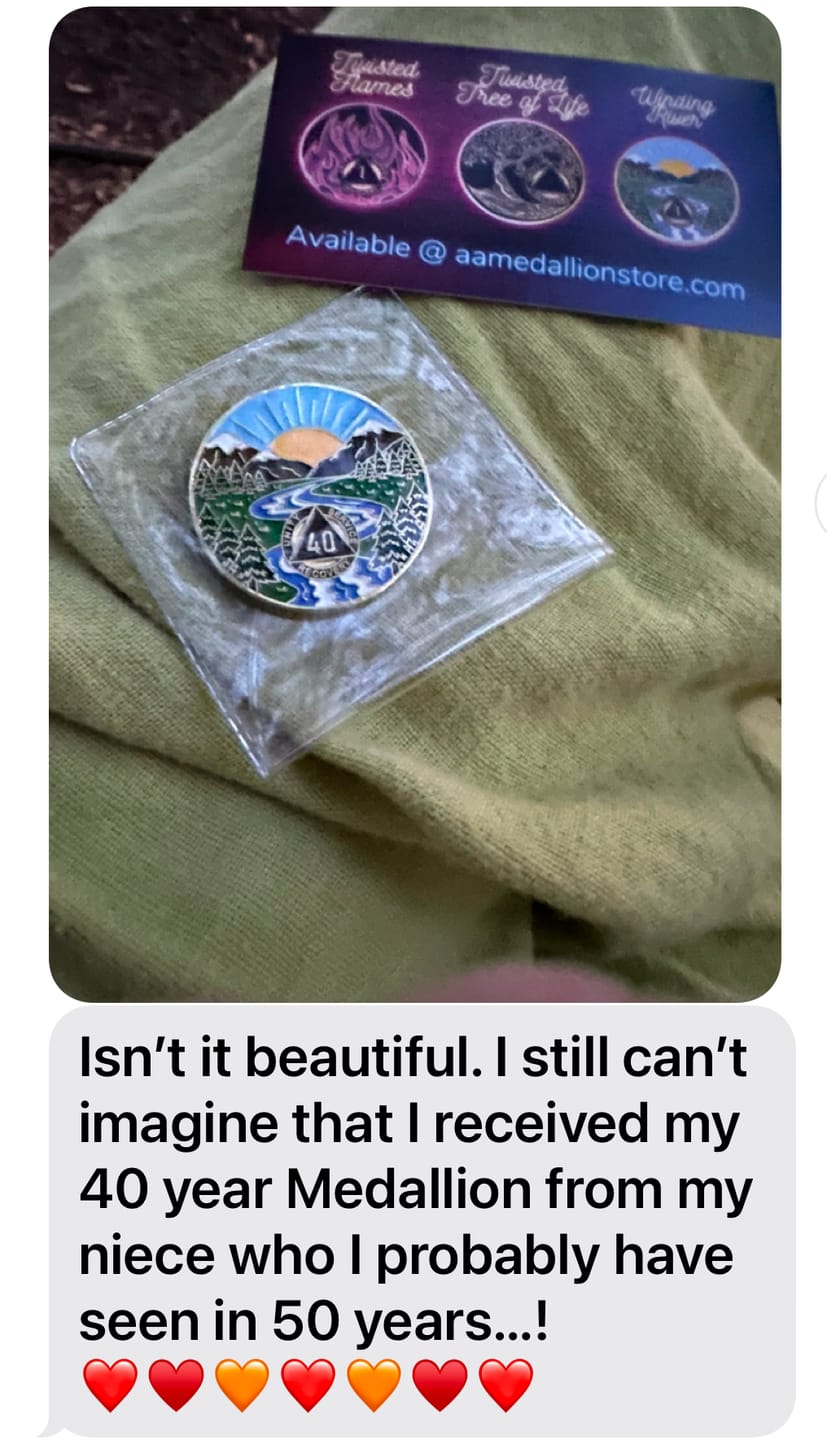 Customer photo review of 1 to 65 Year Sobriety Mint Winding River Gold Plated AA Recovery Medallion/Chip/Coin