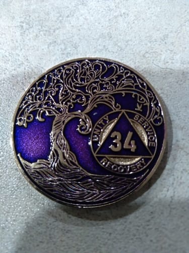 Customer photo review of 1 to 50 Year Sobriety Mint Twisted Tree of Life Gold Plated AA Recovery Medallion/Chip/Coin - Purple