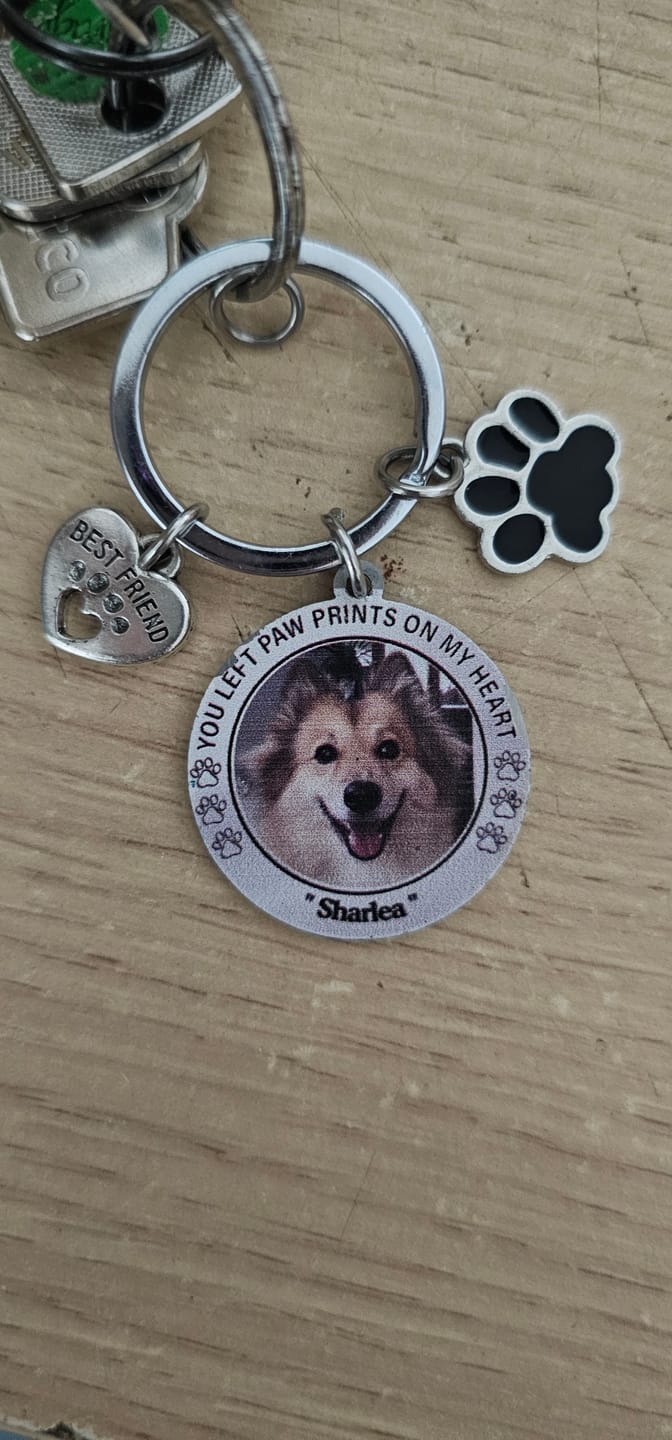 Customer photo review of Custom Personalized Photo Keychain Pet Charm Key Ornaments - Memorial Gift for Dog/Cat Lovers - You left paw prints on my heart