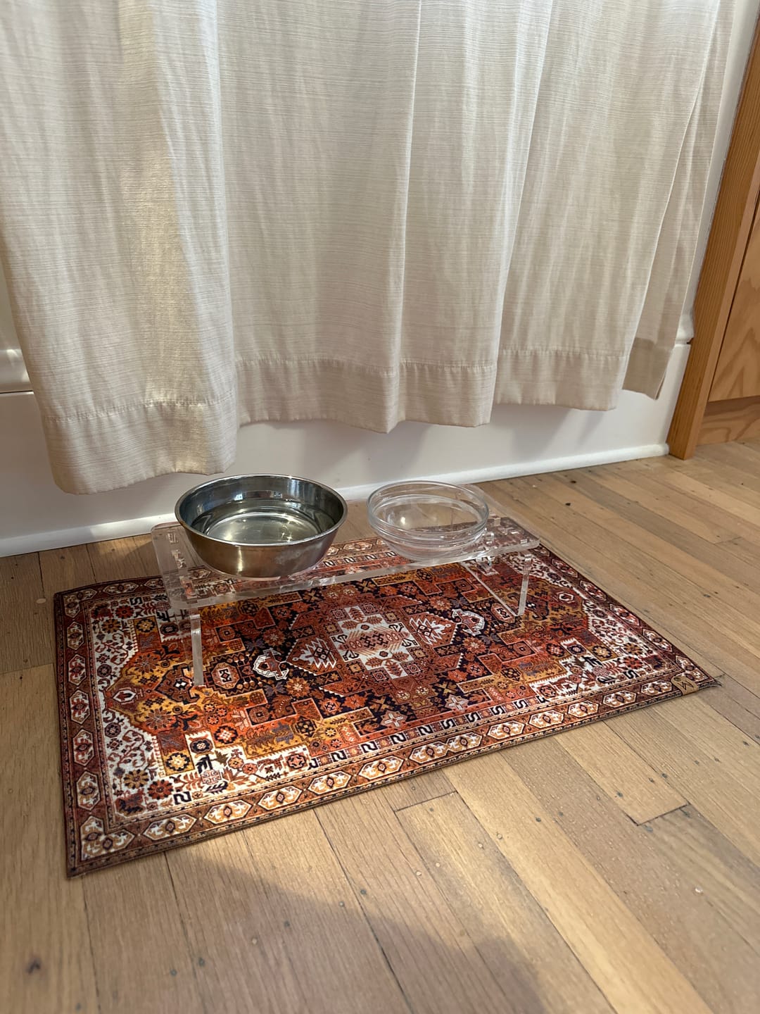 Customer photo review of Dog Bowl Mat, Nonslip, Machine Washable - Ophelia // Personalization: Not requested on this item.