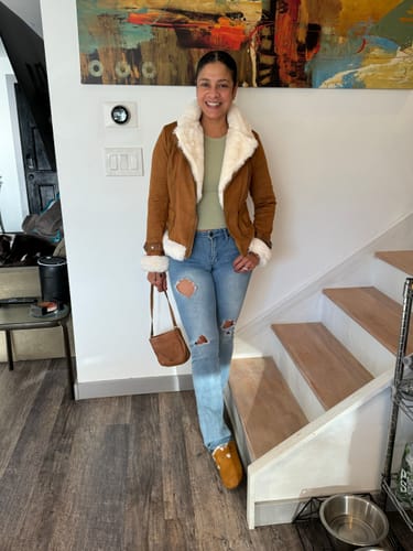 Customer photo review of Blaer Camel Brown Suede Faux Fur Moto Jacket