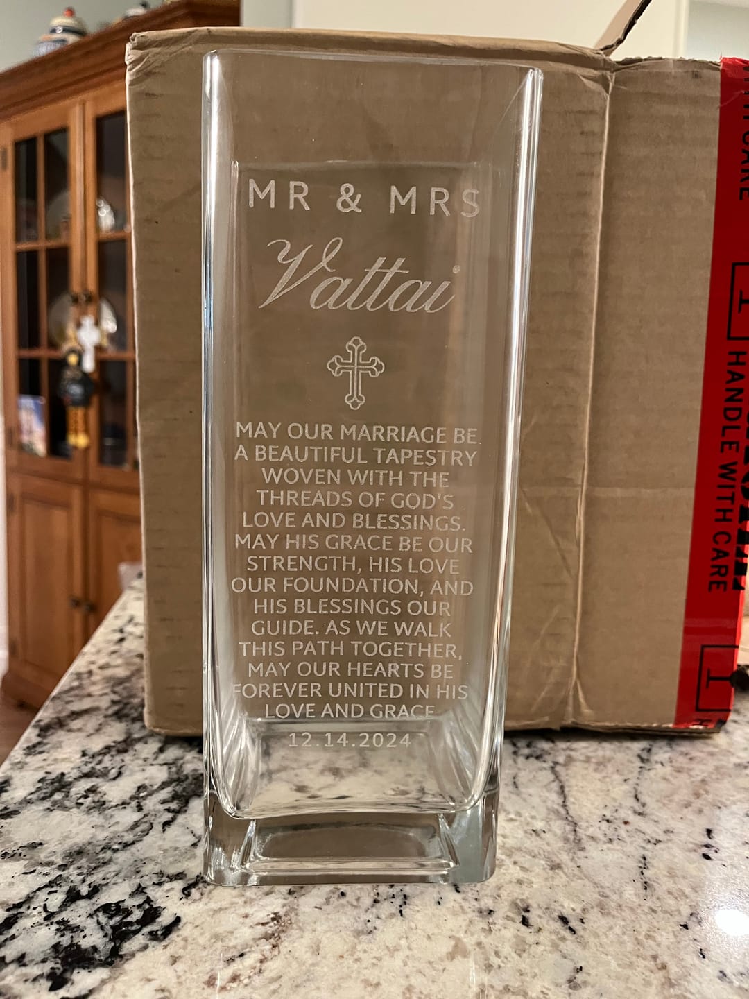 Customer photo review of Personalised Wedding Unity Glass Vase, Candles & Holders Set - Square 10D x 25cmH