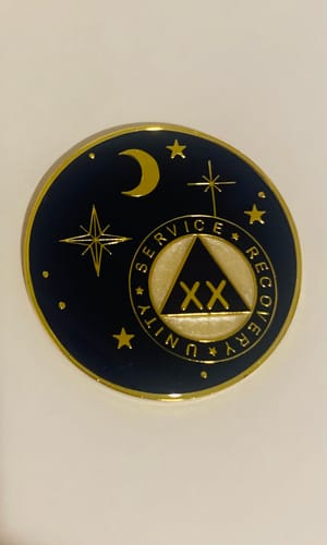 Customer photo review of 20 Year Rocketed to 4th Dimension Specialty AA Recovery Medallion - Tri-Plated Twenty Year Chip/Coin - Blue