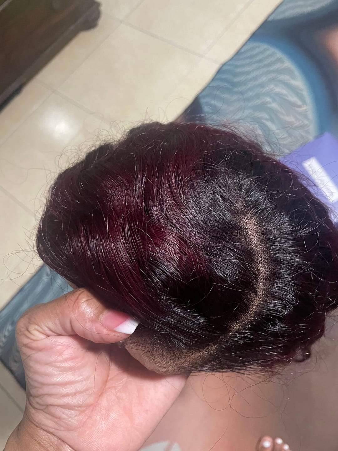 Customer photo review of Wavymy Dark Plum Color Water Wave Wear & Go Pre-Cut Wigs Dome Cap Glueless 4x6 Lace Closure Wig 180% Density Custom Color Wigs