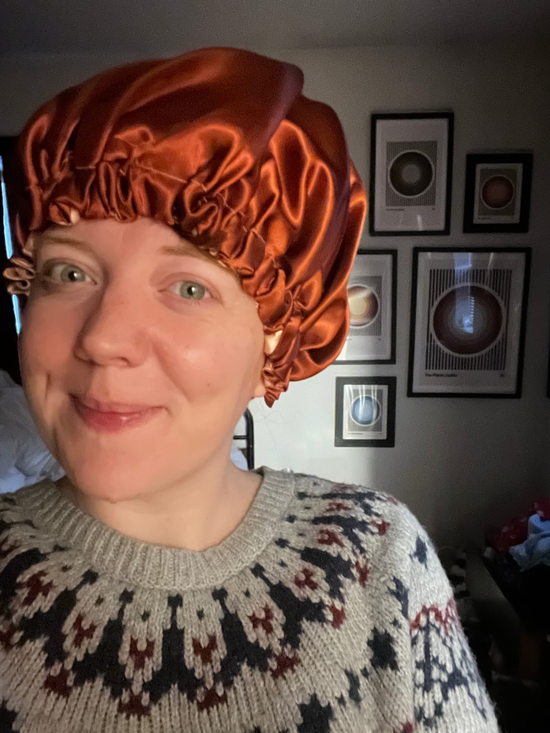 Customer photo review of Peachy Rust Double Layer Bonnet