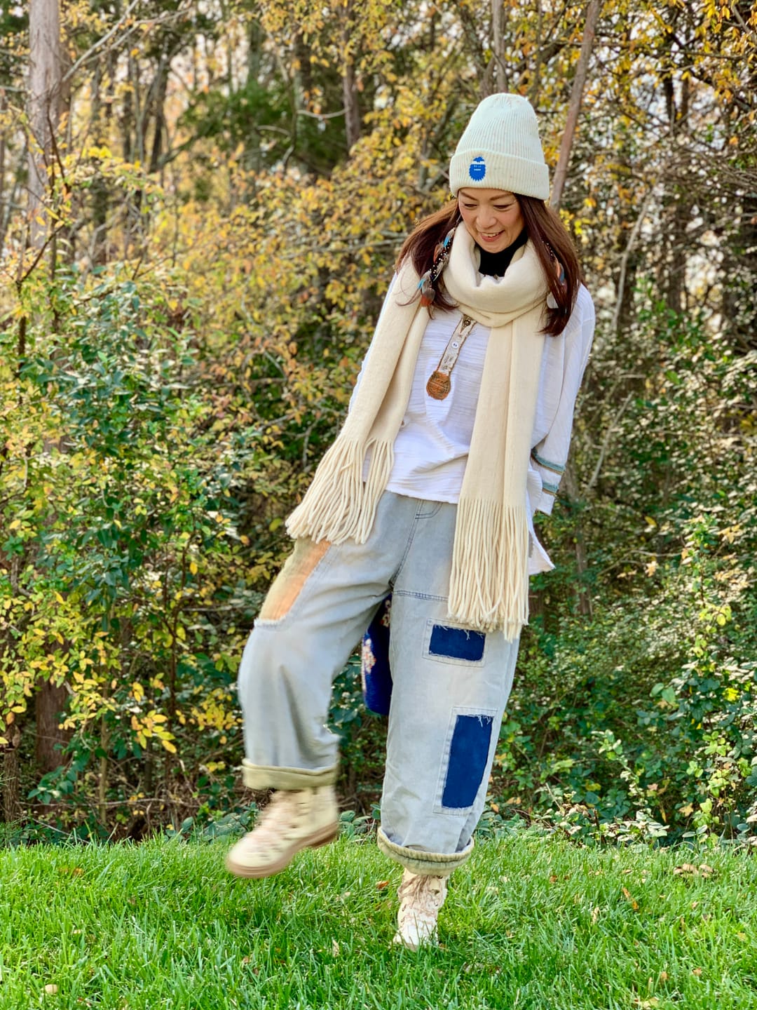 Customer photo review of Women Vintage Patch Spliced Denim Harem Pants