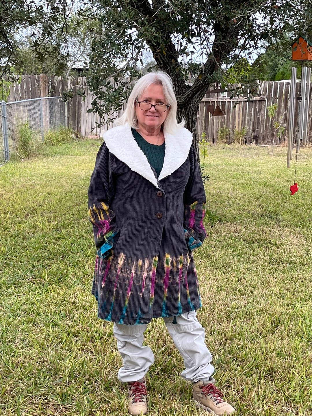 Customer photo review of Tie Dye Corduroy Jacket with Sherpa Fleece Trim