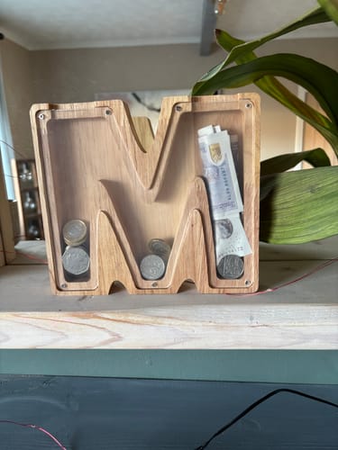 Customer photo review of Money Collection Box With Wooden Letters + Personalized Name