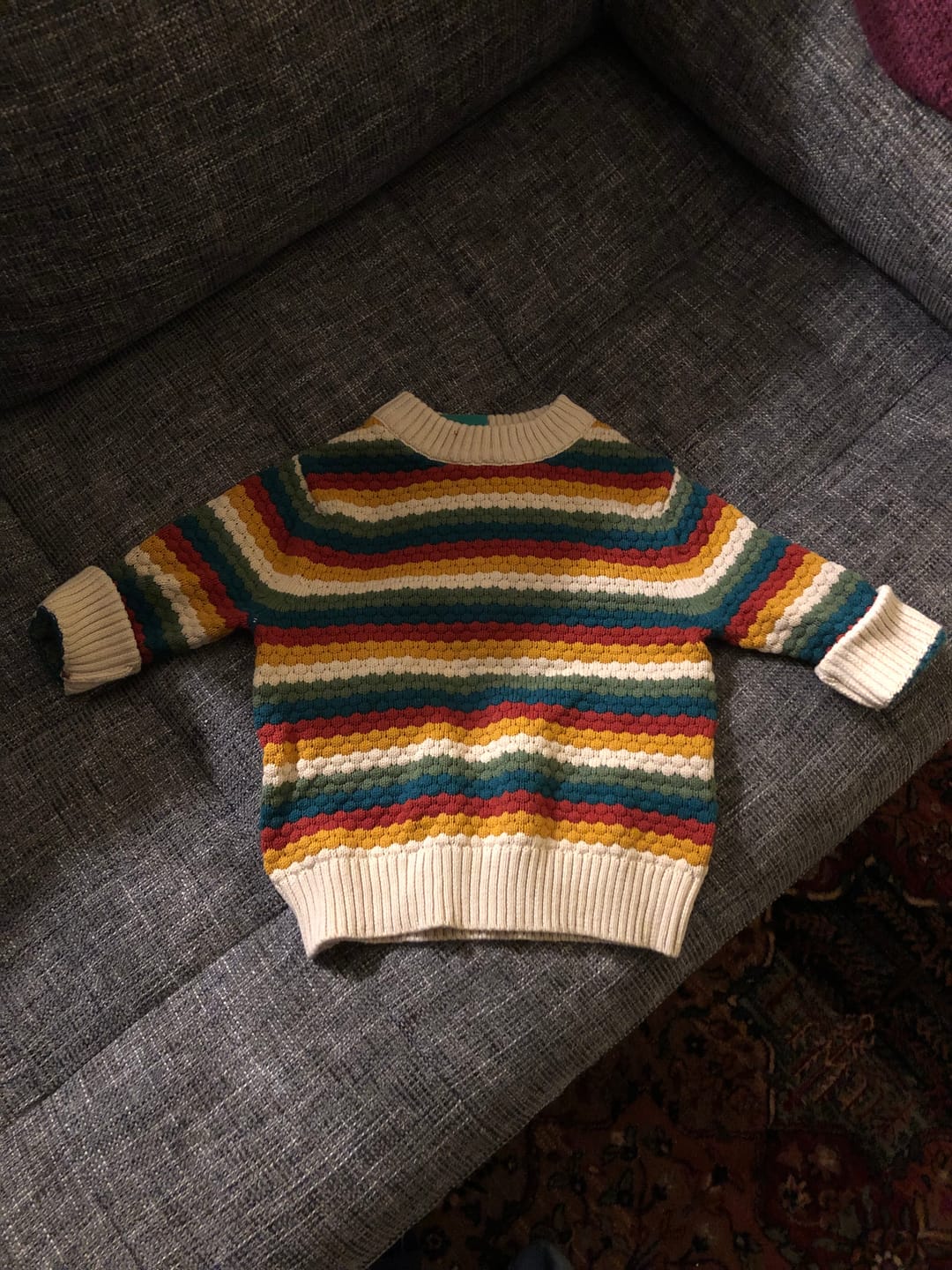 Customer photo review of From One To Another Honeycomb Rainbow Striped Snuggly Knitted Jumper