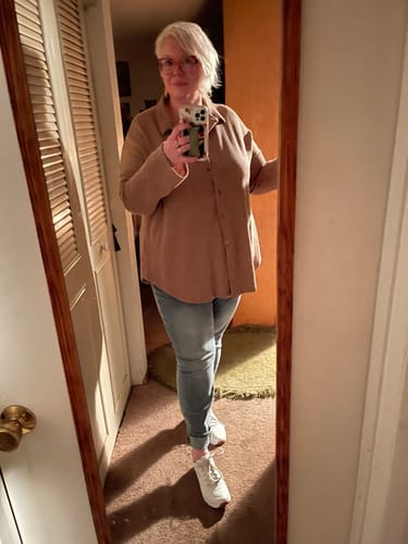 Customer photo review of Coffee Corded Long Sleeve Button Down Shirt FINAL SALE