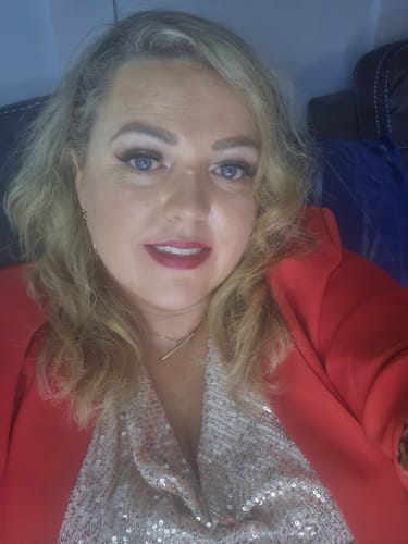 Customer photo review of Valerie Champagne Cowl Neck Sequin Top