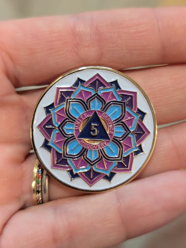 Customer photo review of 1 to 50 Year Sobriety Mint 'In Bloom' Lotus Flower Gold Plated AA Recovery Medallion/Chip/Coin - White