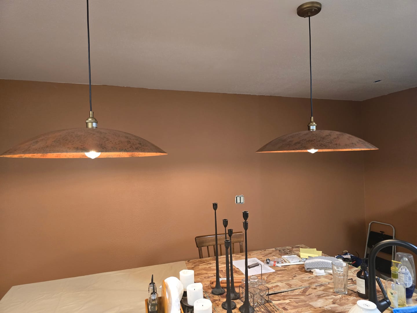 Customer photo review of Rustic Brown 1-Light Oversized Flat Dome Pendant Light