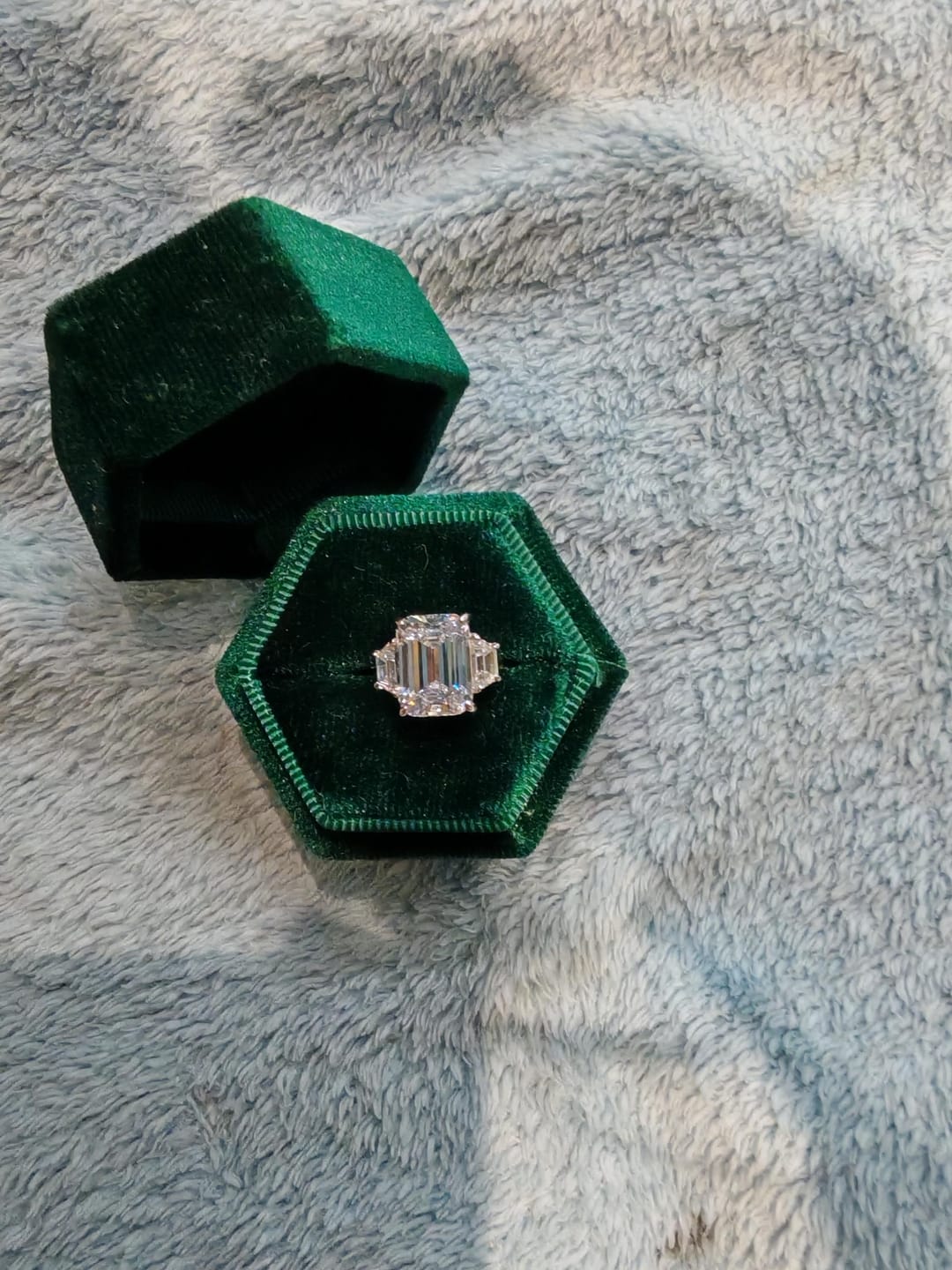 Customer photo review of S925 4.5 Carat Emerald Cut Three Stone Engagement Ring Anniversary Ring Gift