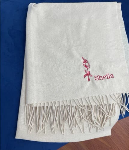 Customer photo review of Personalized Ultra-Soft Warm Scarf with Birth Flower and Custom Text