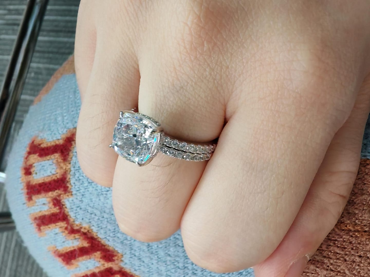Customer photo review of S925 Classic 3.0 Carat Cushion Cut White Sapphire Wedding Set In Sterling Silver