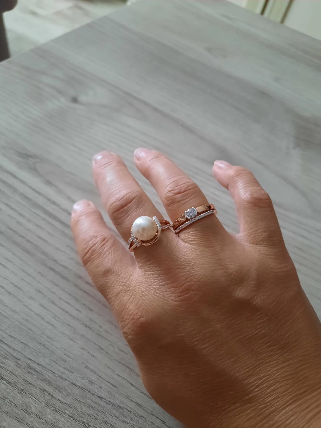 Customer photo review of Rose Gold Geometry Pearl Ring Pave Setting — Rose Gold Silver Mix | KIMLUD