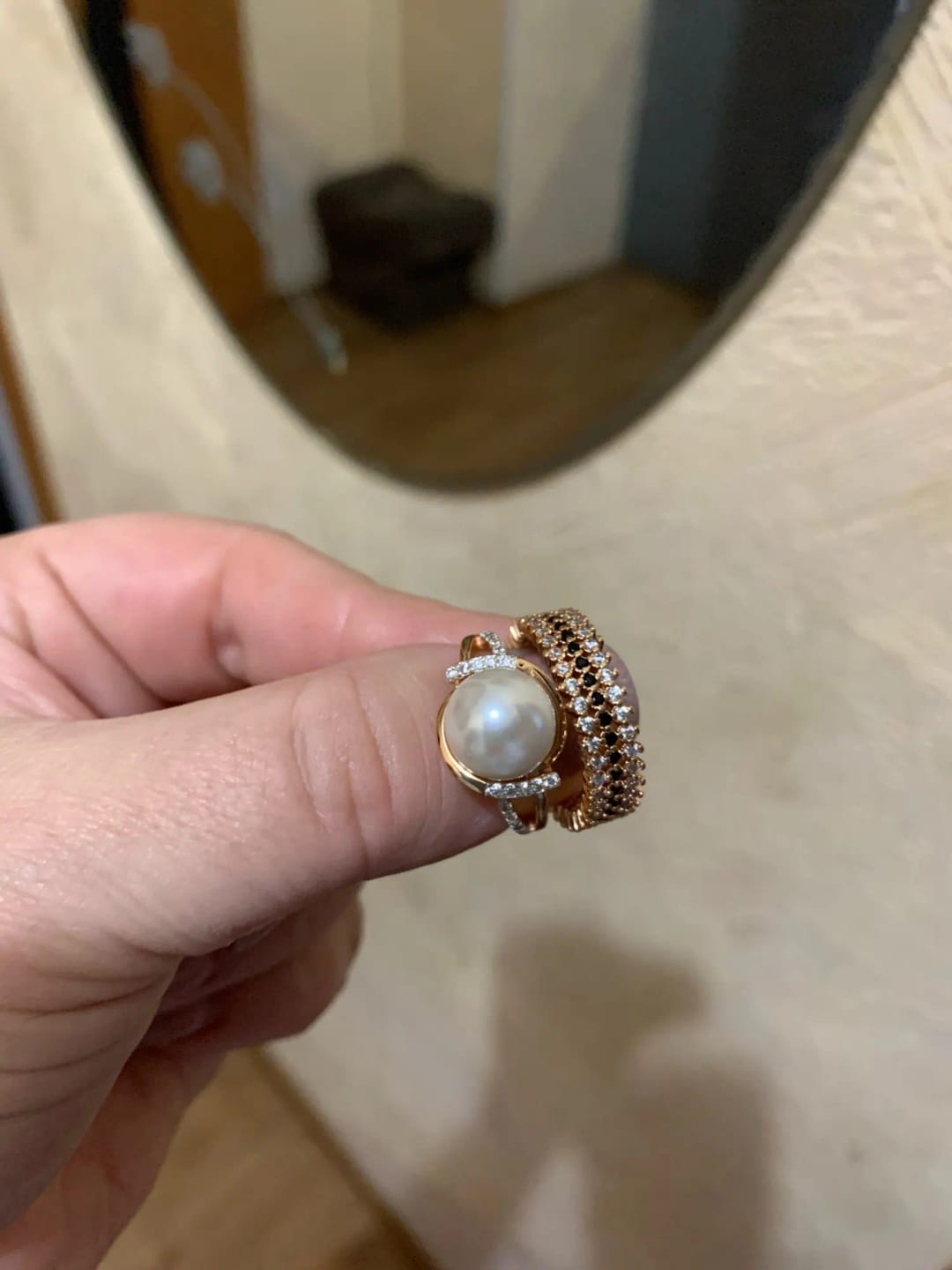 Customer photo review of Rose Gold Geometry Pearl Ring Pave Setting — Rose Gold Silver Mix | KIMLUD