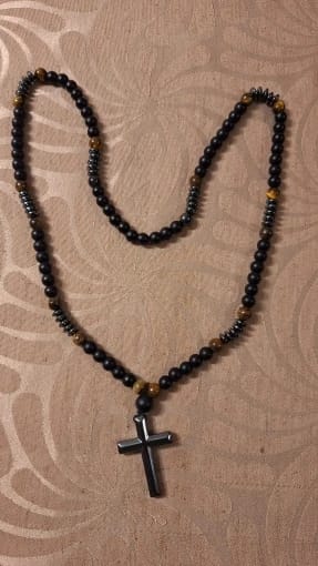 Customer photo review of Obsidian Tiger-Eye Beaded Necklace Hematite Cross Pendant — Black | KIMLUD