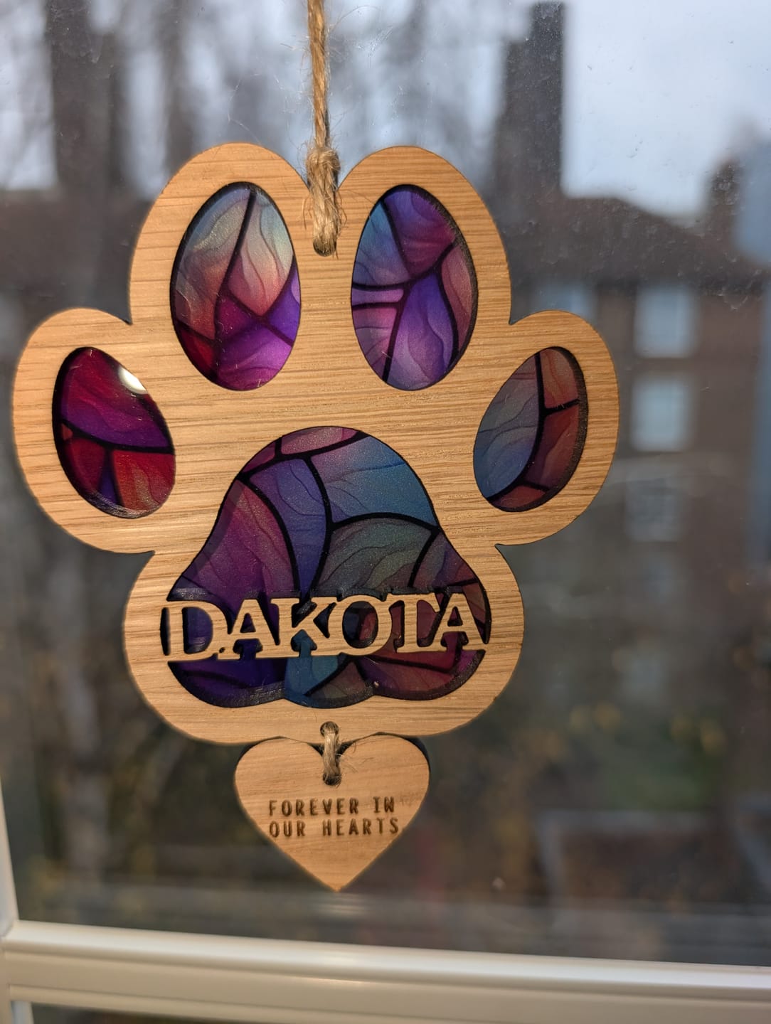 Customer photo review of Rainbow Dog Paw Stained Glass