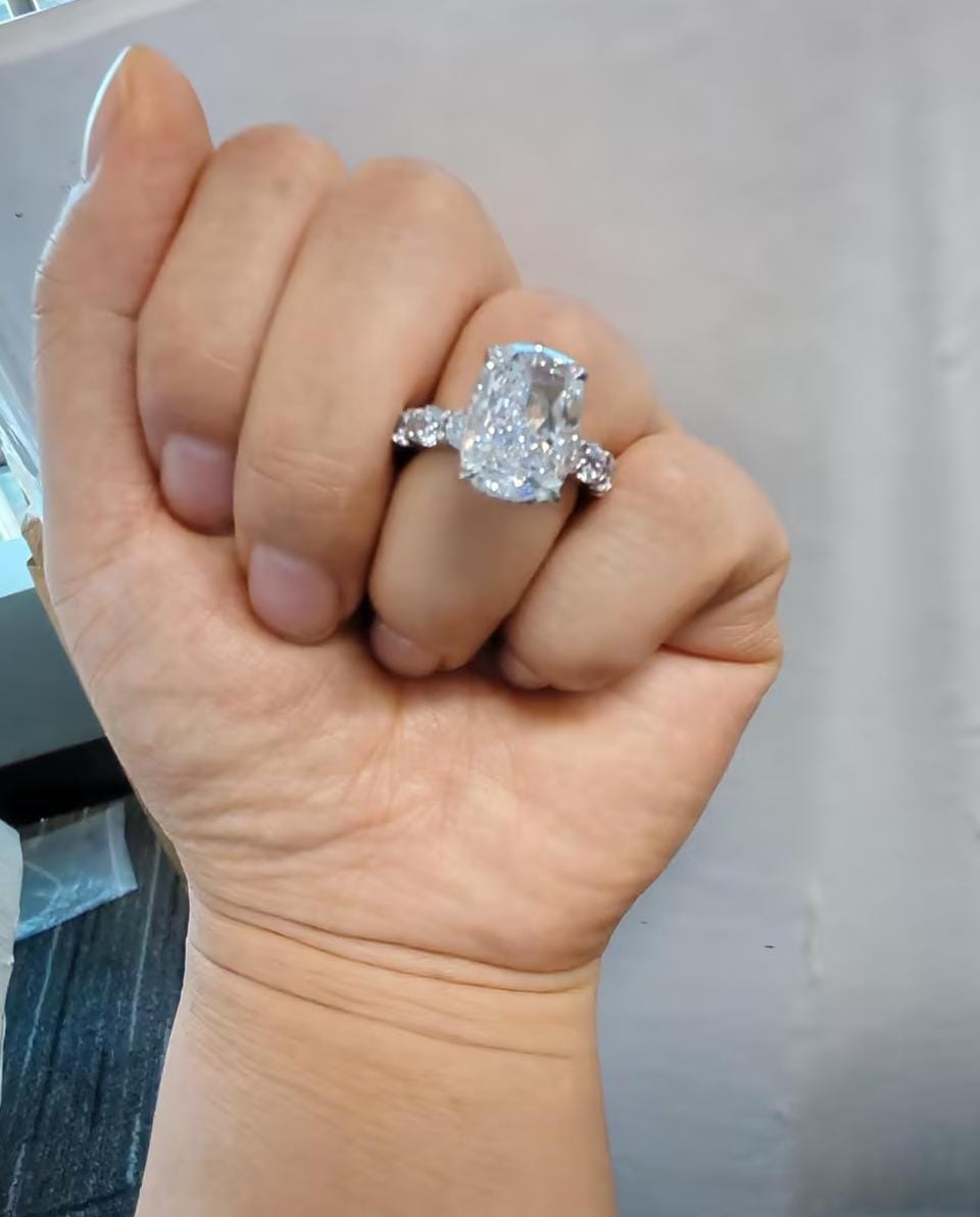 Customer photo review of Louily Gorgeous Elongated Crushed Ice Cushion Cut Engagement Ring