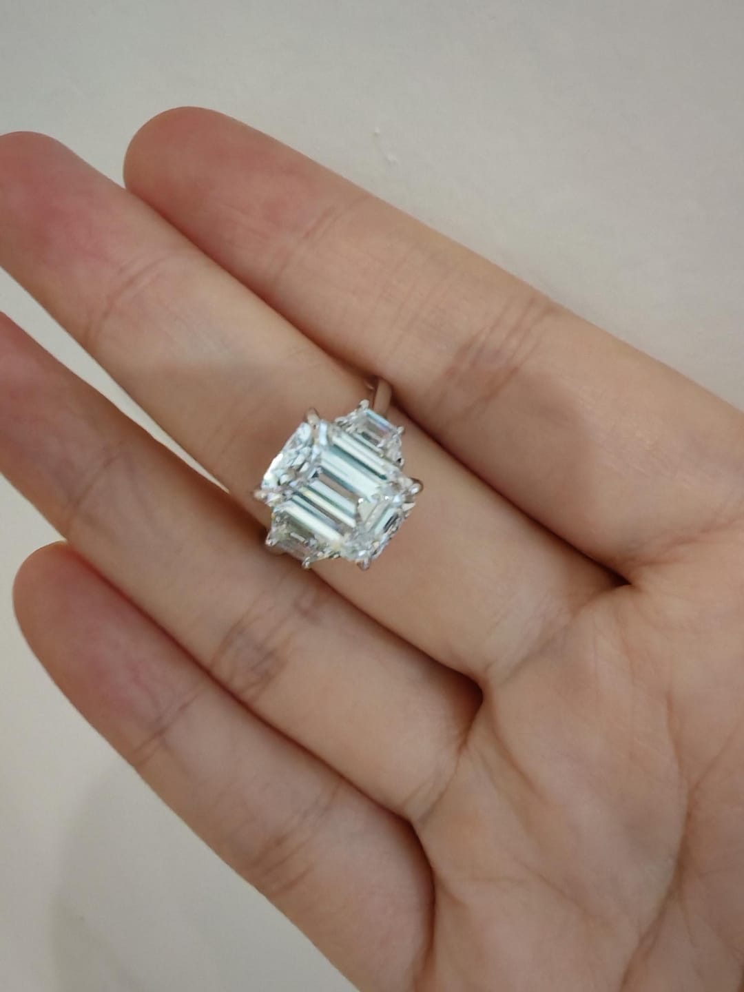 Customer photo review of S925 4.5 Carat Emerald Cut Three Stone Engagement Ring Anniversary Ring Gift
