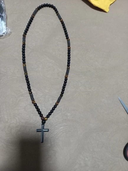 Customer photo review of Obsidian Tiger-Eye Beaded Necklace Hematite Cross Pendant — Black | KIMLUD