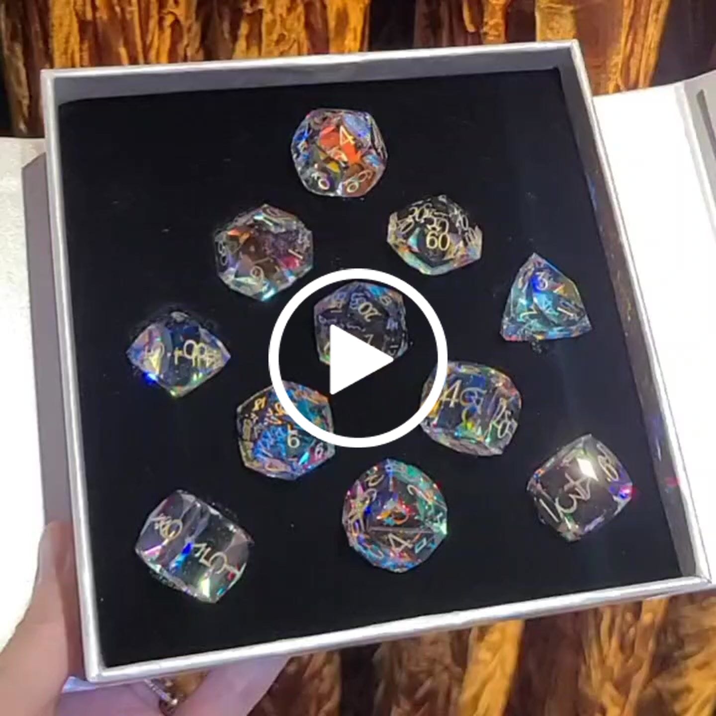 Customer video review of URWizards D&D Multi-faceted Prism Glass Engraved Dice Set