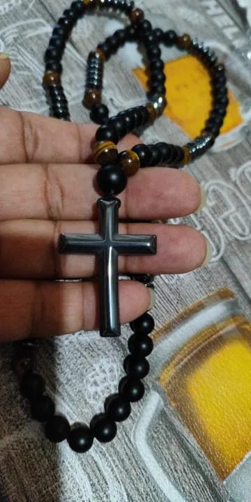 Customer photo review of Obsidian Tiger-Eye Beaded Necklace Hematite Cross Pendant — Black | KIMLUD
