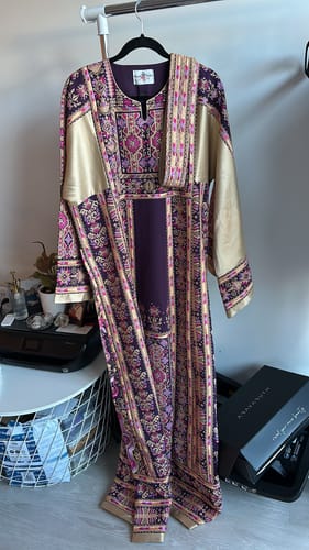 Customer photo review of Purple/Beige Long Full Embroidered Thobe With Reversible Beige Satin Belt