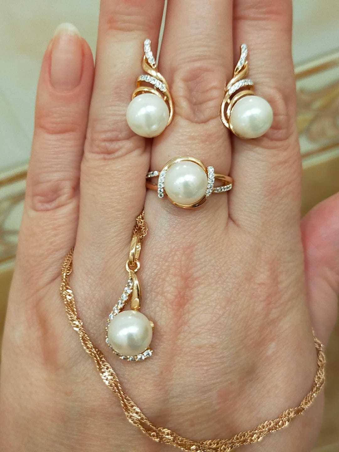 Customer photo review of Rose Gold Geometry Pearl Ring Pave Setting — Rose Gold Silver Mix | KIMLUD
