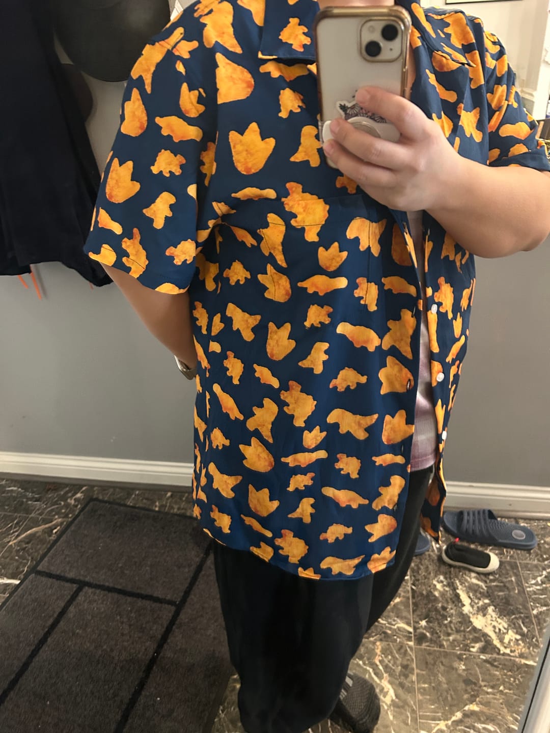 Customer photo review of Dinosaur Chicken Nuggets Blue Button Up Shirt