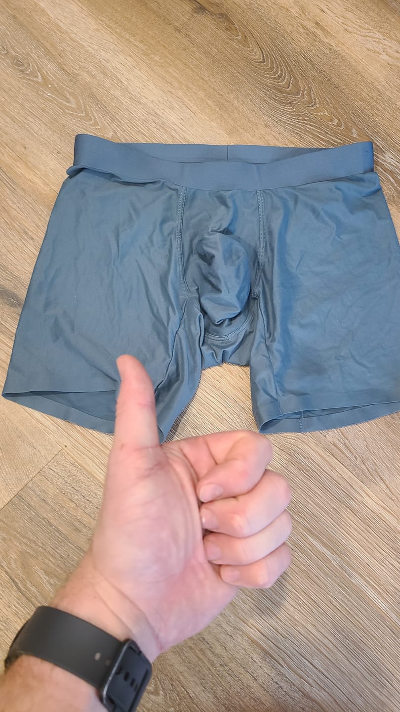 Customer photo review of Nylon 7in Boxer Briefs No Fly 3pk Black/Heather Gray/Slate Green