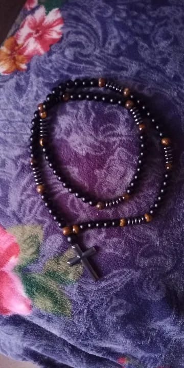 Customer photo review of Obsidian Tiger-Eye Beaded Necklace Hematite Cross Pendant — Black | KIMLUD