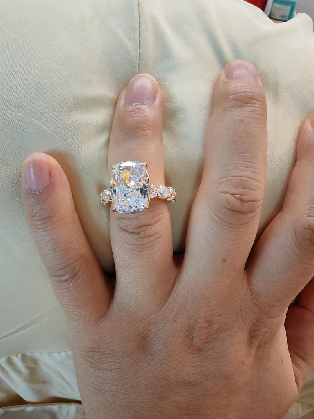 Customer photo review of Louily Gorgeous Elongated Crushed Ice Cushion Cut Engagement Ring