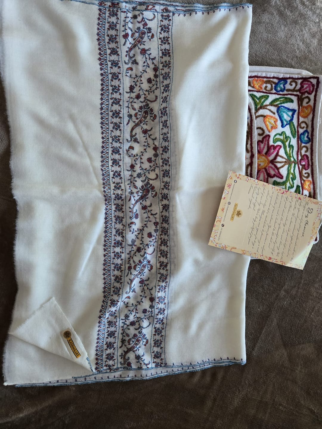 Customer photo review of Ivory Splendor: Sozni-Embroidered Merino Wool Scarf