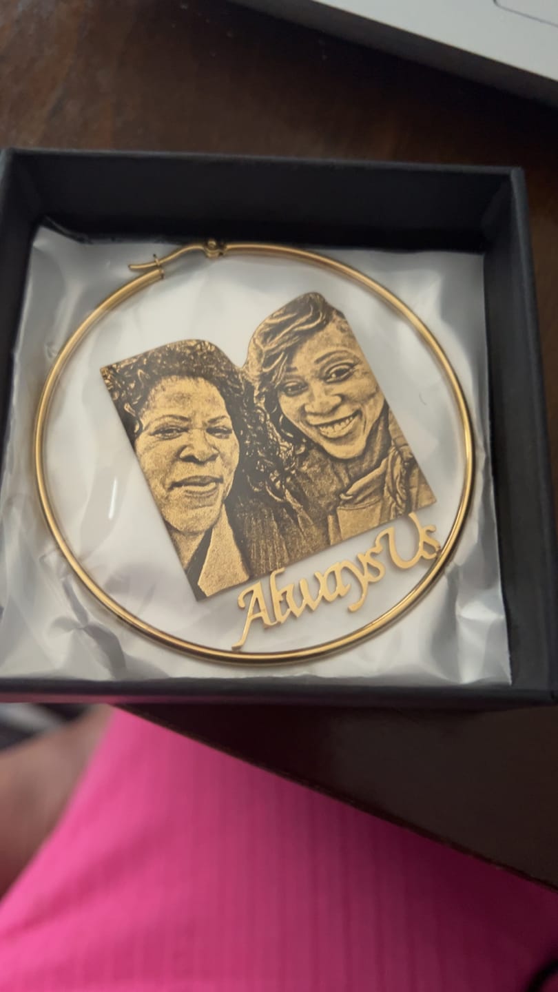 Customer photo review of Personalized Photo Engraved Hoop Earrings