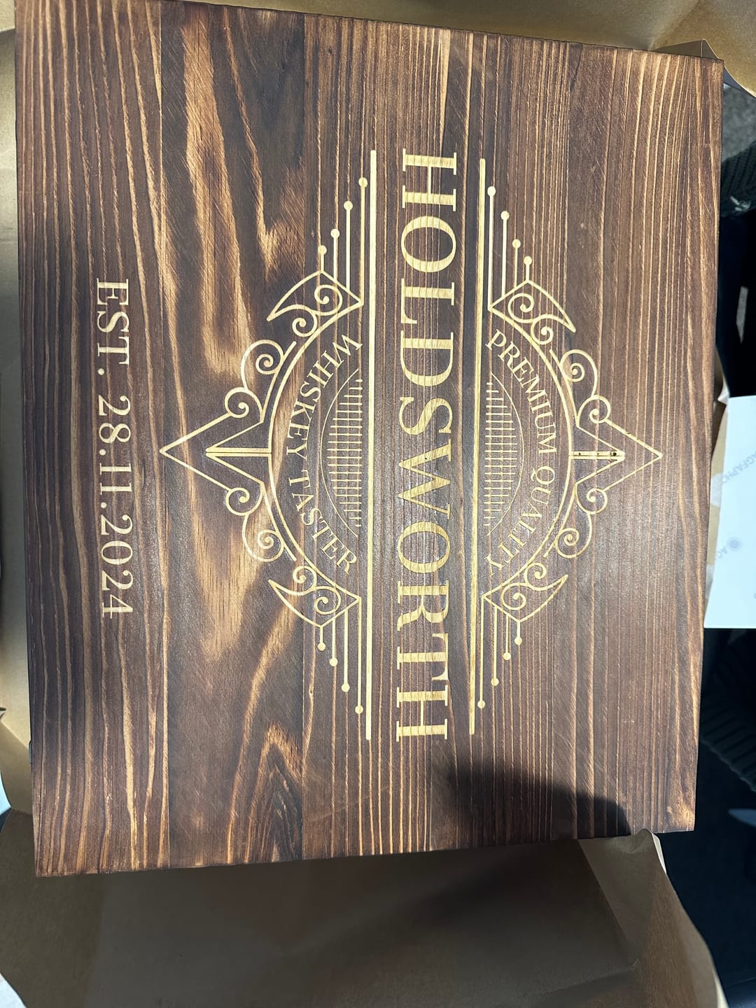 Customer photo review of Engraved Wooden Gift Boxed Whiskey Decanter & 4 Scotch Star Base Glasses Set